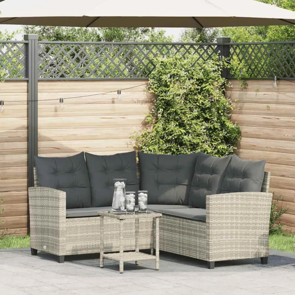 Tuinbank met tafel en kussens L-vormig poly rattan lichtgrijs vidaXL