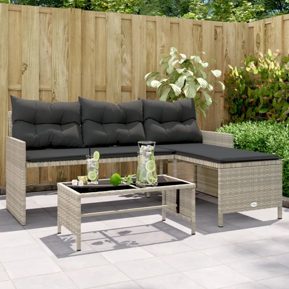 Tuinbank met tafel en kussens L-vormig poly rattan lichtgrijs vidaXL