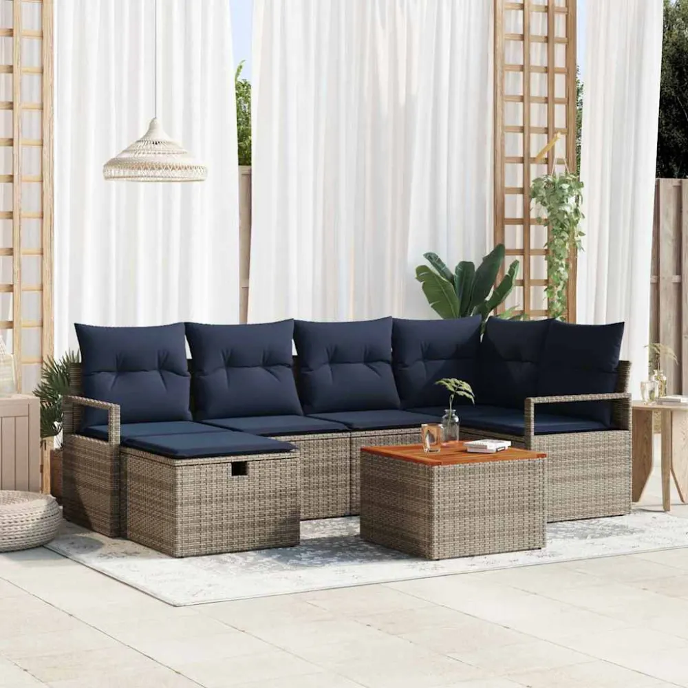 Tuinbankenset met kussen met opslag 7 pcs Grijs poly rattan vidaXL