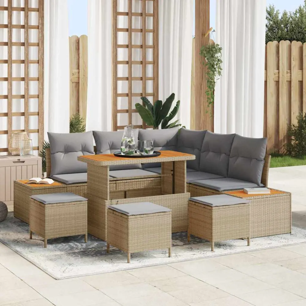 Tuinbankenset met kussen met opslag 9 pcs Beige Poly riet vidaXL