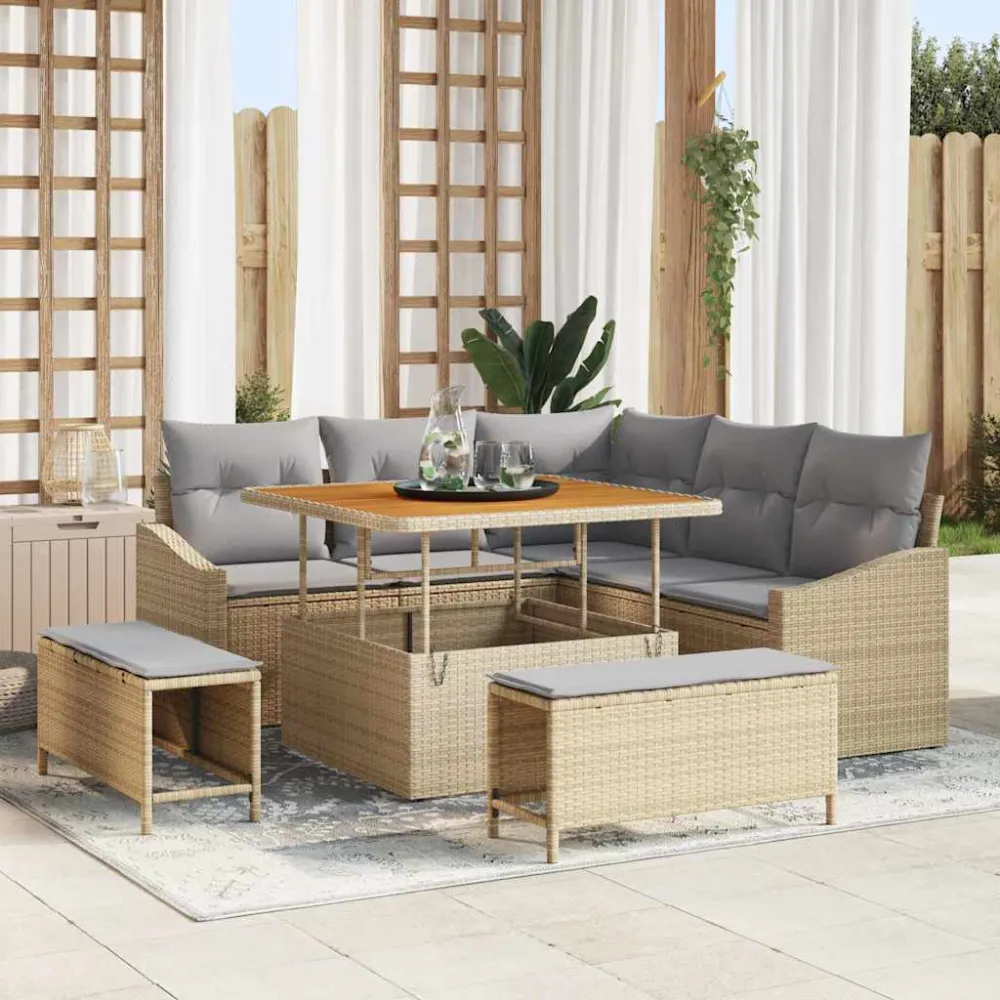 Tuinbankenset met kussen met opslag 8 pcs Beige Poly riet vidaXL