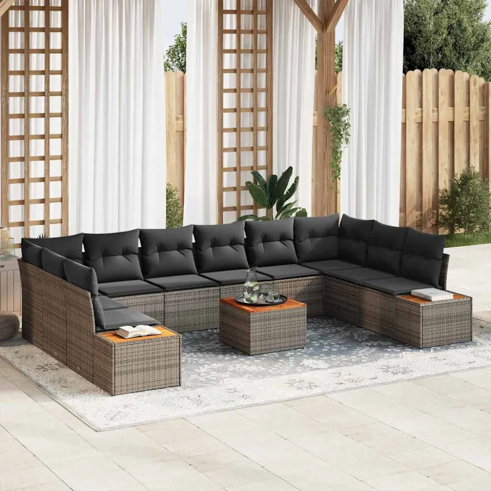 Tuinbankenset met kussen met opslag 10 pcs Grijs Polyrattan vidaXL