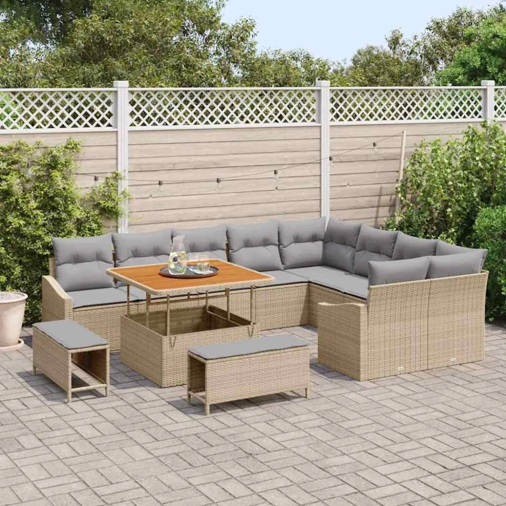 Tuinbankenset met kussen met opslag 12 pcs Beige Poly riet vidaXL