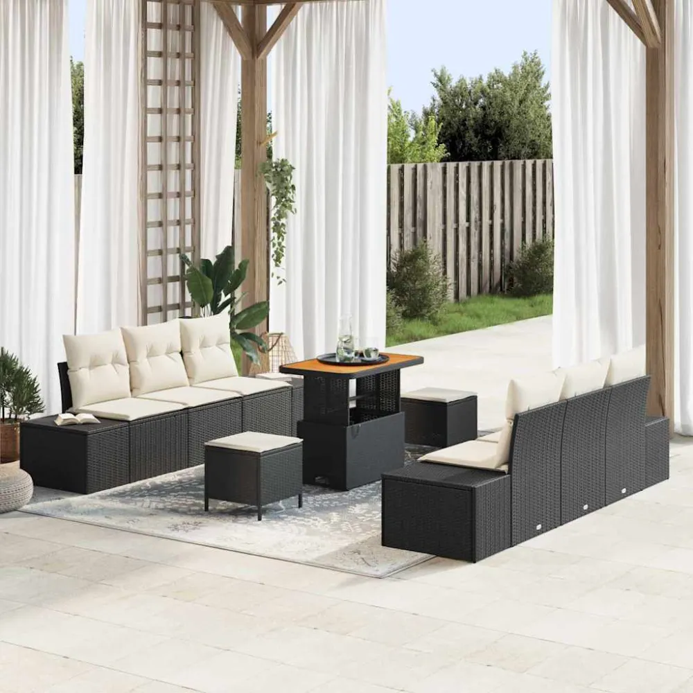 Tuinbankenset met kussen met opslag 9 pcs Zwart Poly riet vidaXL