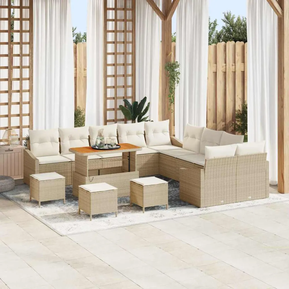Tuinbankenset met kussen met opslag 13 pcs Beige Poly riet vidaXL