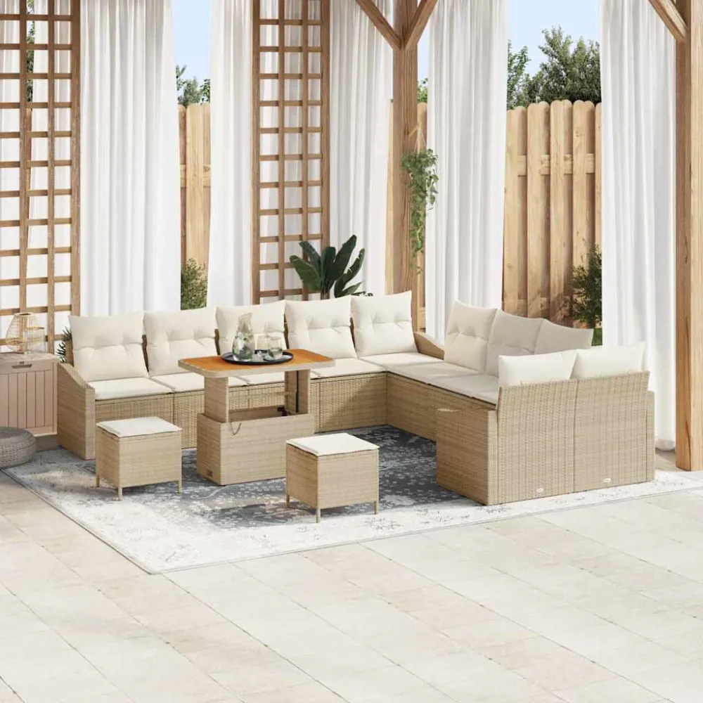 Tuinbankenset met kussen met opslag 13 pcs Beige Poly riet vidaXL