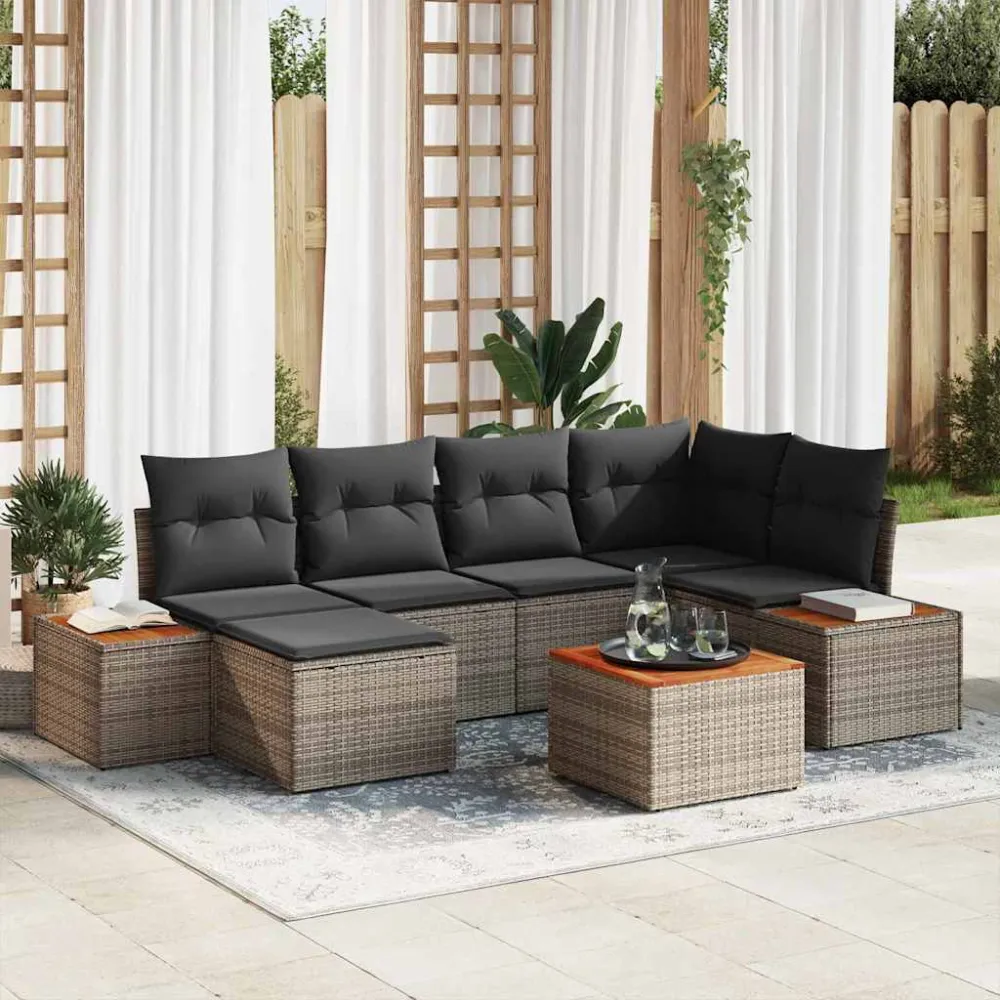 Tuinbankenset met kussen met opslag 7 pcs Grijs Polyrattan vidaXL