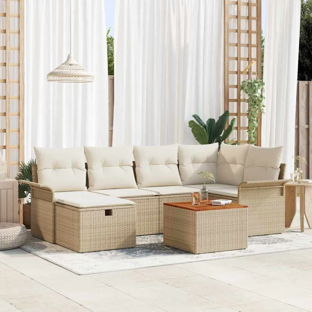 Tuinbankenset met kussen met opslag 7 pcs Beige Poly riet vidaXL