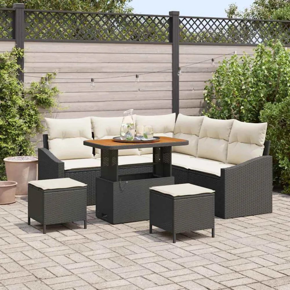 Tuinbankenset met kussen met opslag 8 pcs Zwart Poly riet vidaXL