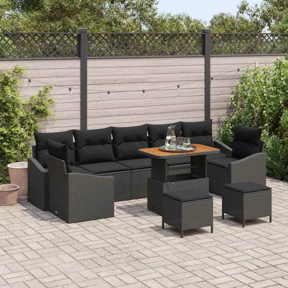 Tuinbankenset met kussen met opslag 10 pcs Zwart Poly riet vidaXL