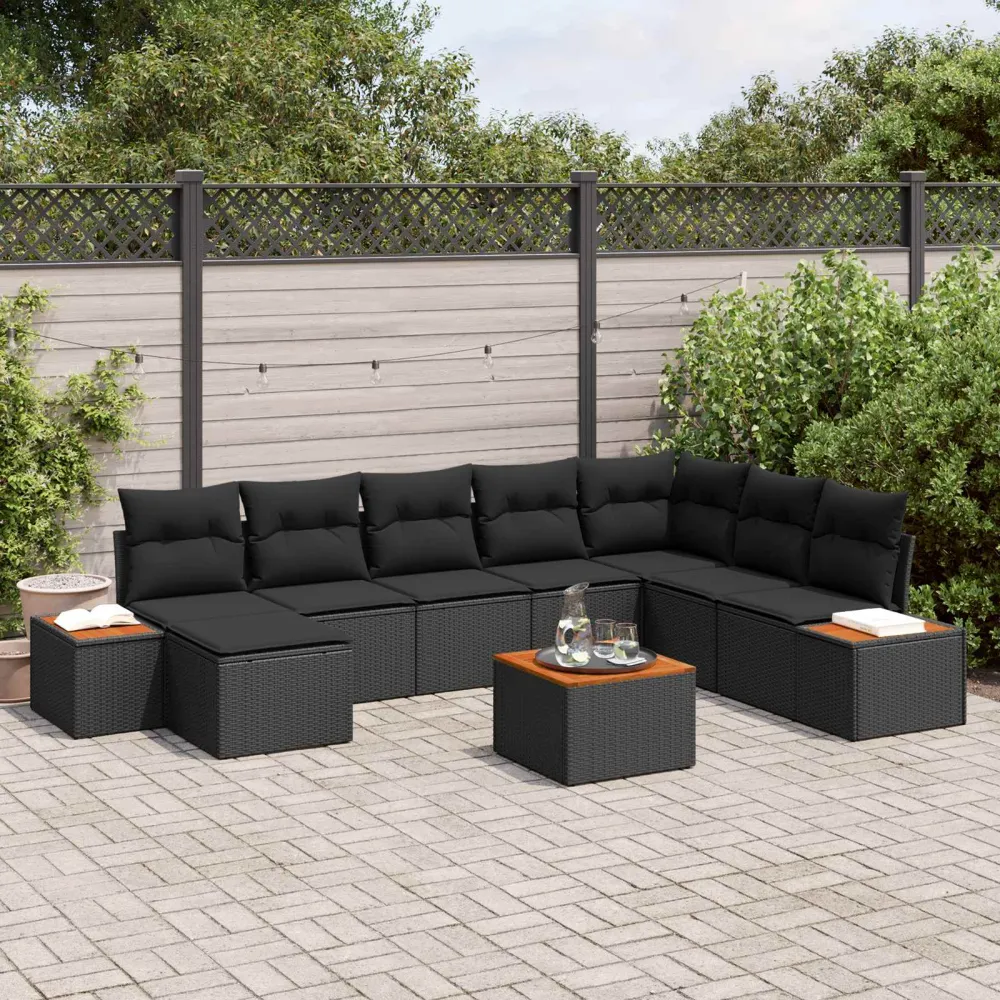 Tuinbankenset met kussen met opslag 9 pcs Zwart Polyrattan vidaXL