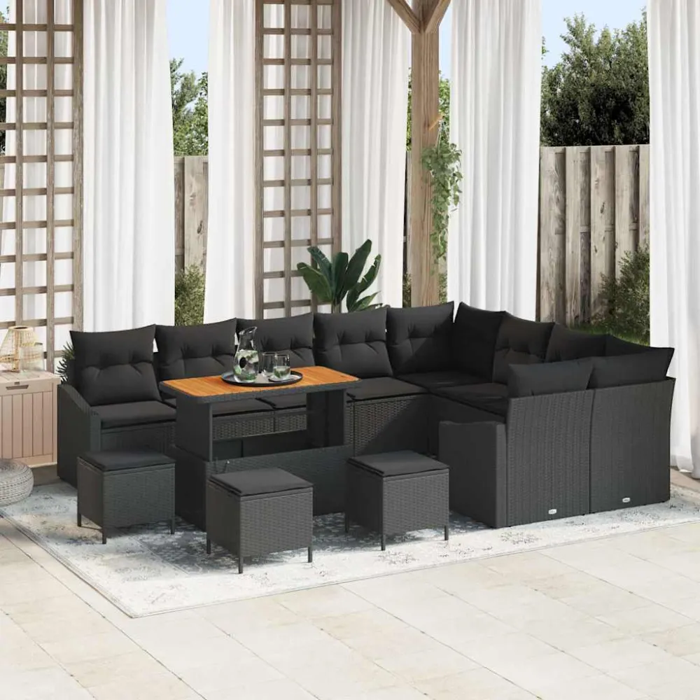 Tuinbankenset met kussen met opslag 13 pcs Zwart Poly riet vidaXL