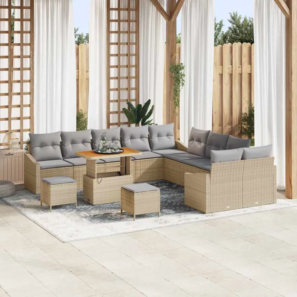 Tuinbankenset met kussen met opslag 13 pcs Beige Poly riet vidaXL
