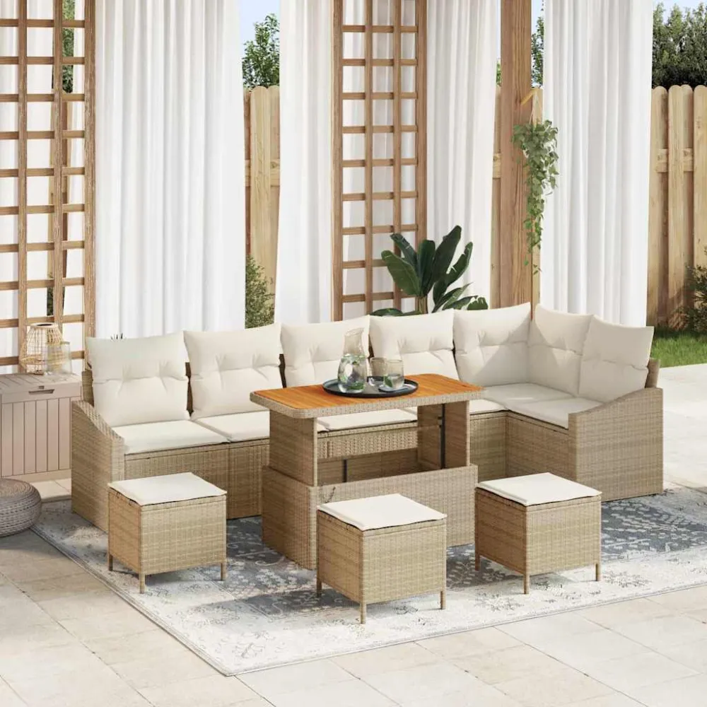 Tuinbankenset met kussen met opslag 10 pcs Beige Poly riet vidaXL