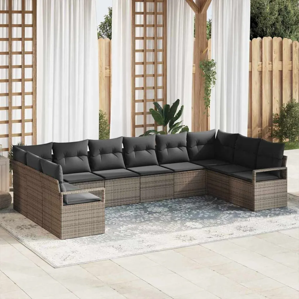 Tuinbankenset met kussen met opslag 10 pcs Grijs poly rattan vidaXL