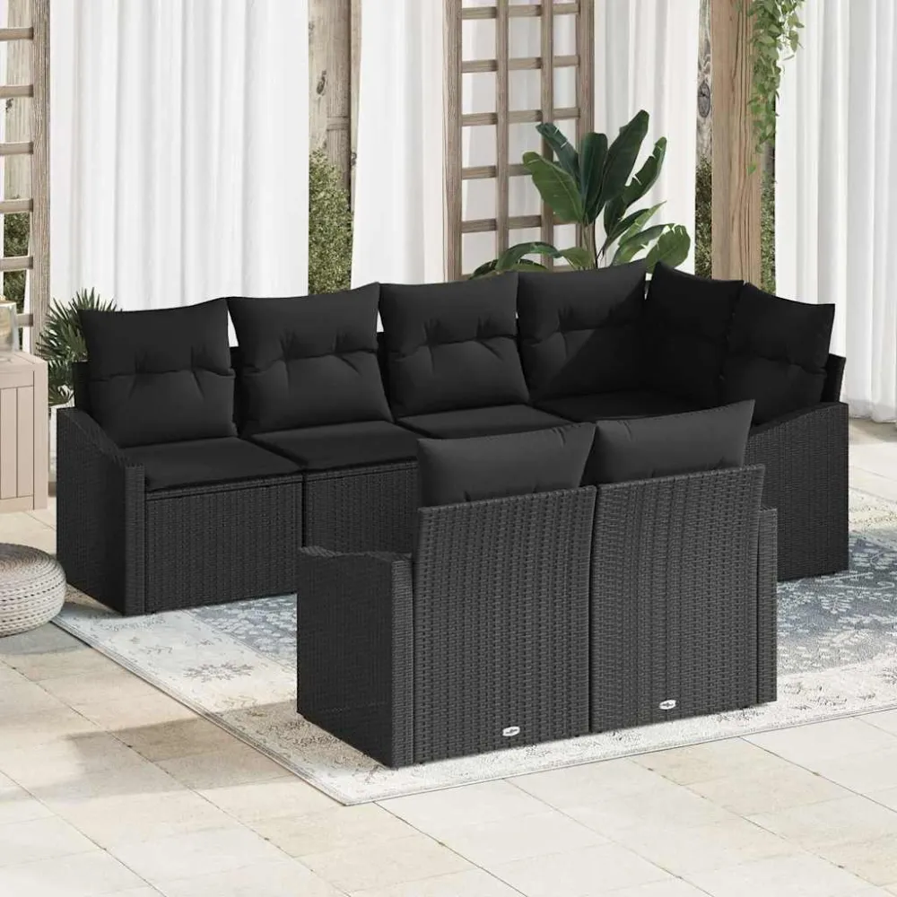 Tuinbankenset met kussen met opslag 7 pcs Zwart poly rattan vidaXL
