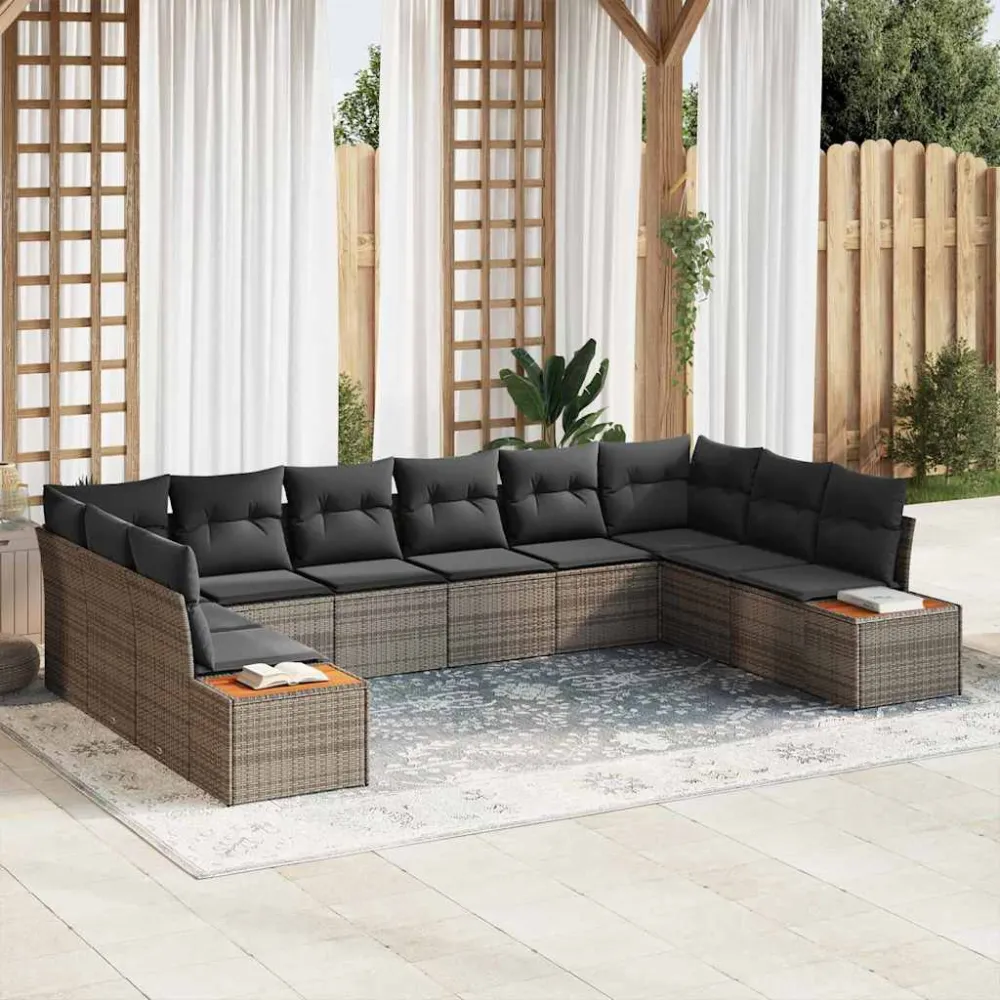 Tuinbankenset met kussen met opslag 10 pcs Grijs Polyrattan vidaXL