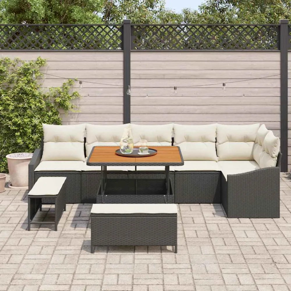 Tuinbankenset met kussen met opslag 9 pcs Zwart Poly riet vidaXL