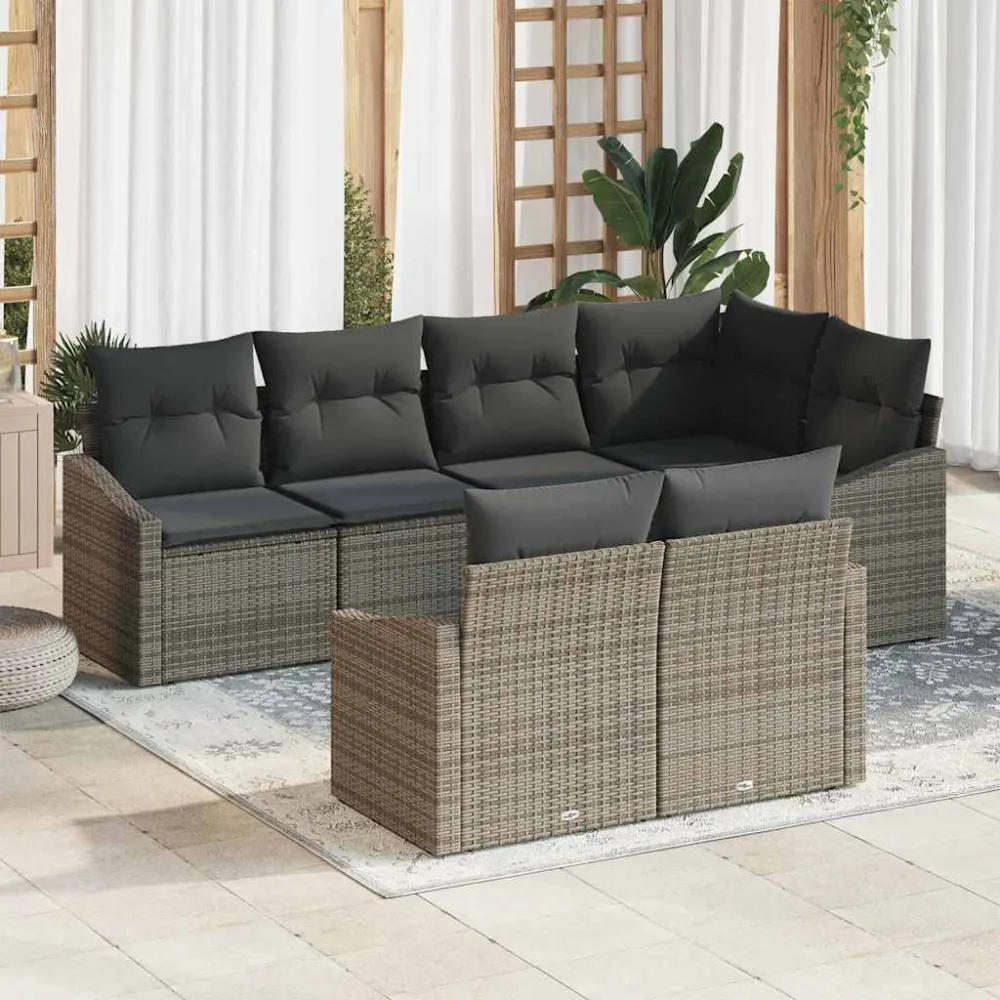 Tuinbankenset met kussen met opslag 7 pcs Grijs poly rattan vidaXL