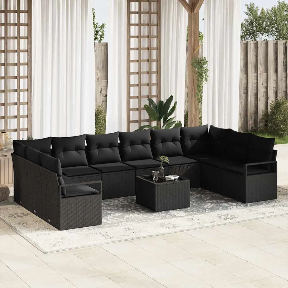 Tuinbankenset met kussen met opslag 11 pcs Zwart poly rattan vidaXL