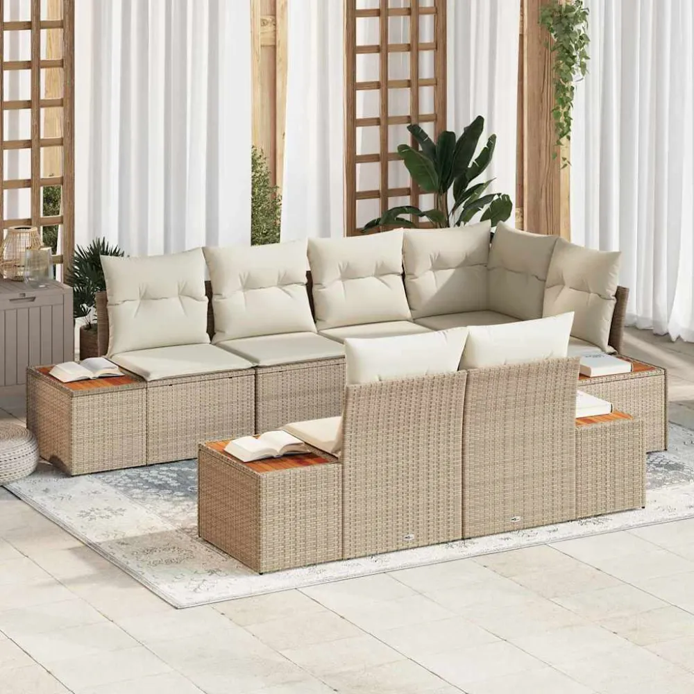 Tuinbankenset met kussen 7 pcs Beige en Crème Polyrattan vidaXL
