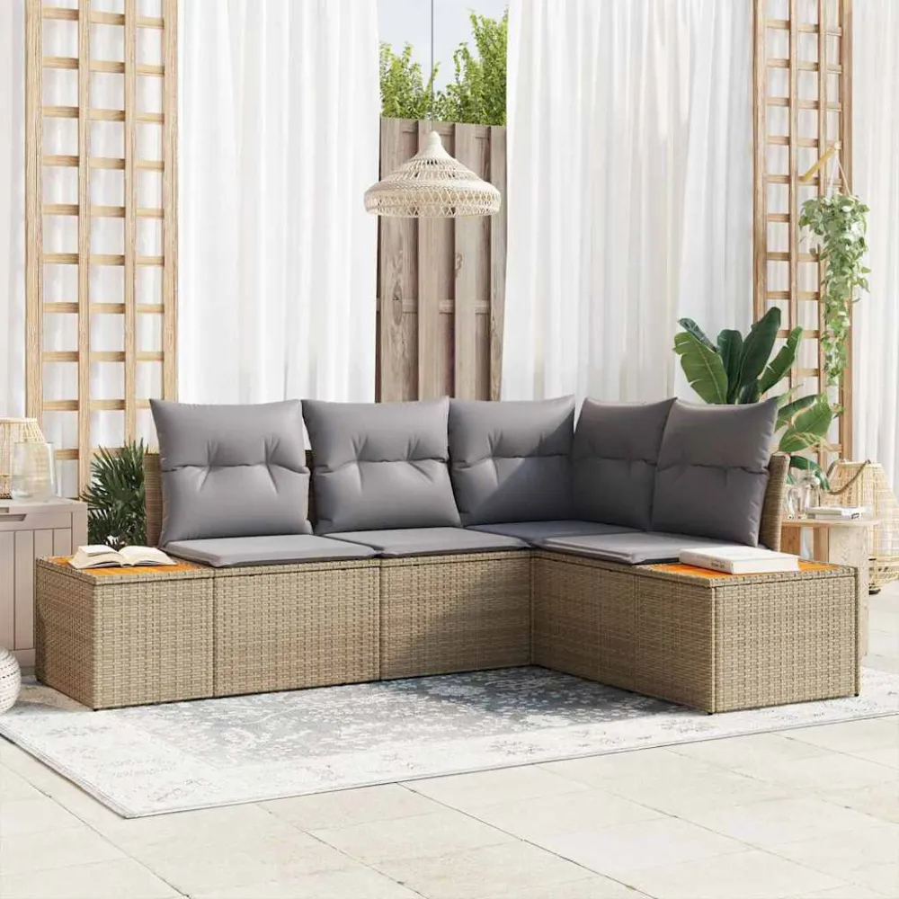 Tuinbankenset met kussen 4 pcs Beige en Licht Grijs Polyrattan vidaXL