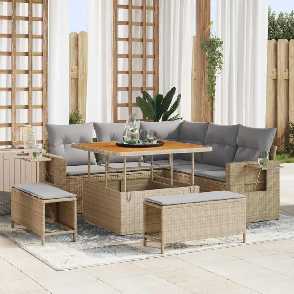 Tuinbankenset met kussen 9 pcs Beige en Licht Grijs poly rattan vidaXL