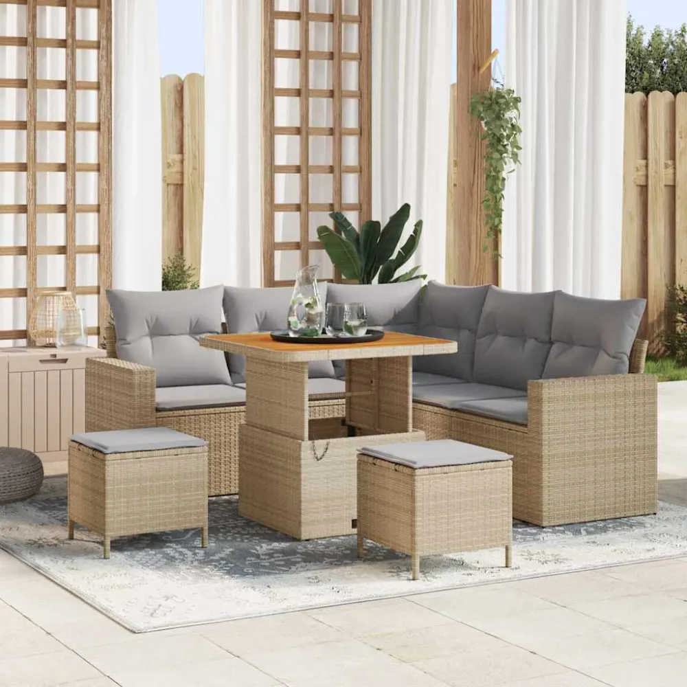 Tuinbankenset met kussen 9 pcs Beige en Licht Grijs poly rattan vidaXL