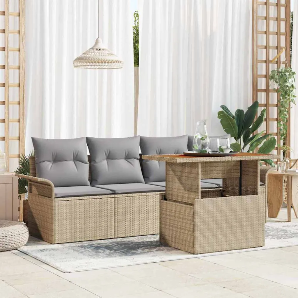 Tuinbankenset met kussen 5 pcs Beige en Licht Grijs poly rattan vidaXL