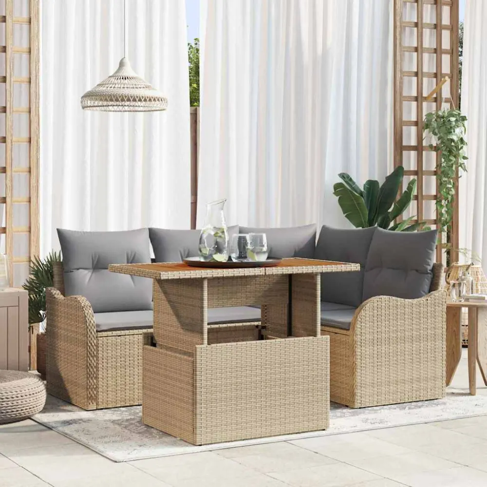 Tuinbankenset met kussen 5 pcs Beige en Licht Grijs poly rattan vidaXL