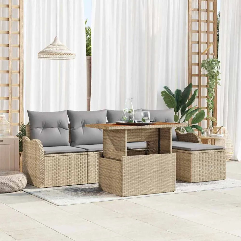 Tuinbankenset met kussen 6 pcs Beige en Licht Grijs poly rattan vidaXL