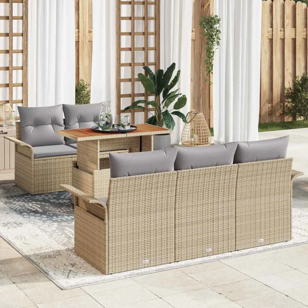 Tuinbankenset met kussen 6 pcs Beige en Licht Grijs poly rattan vidaXL