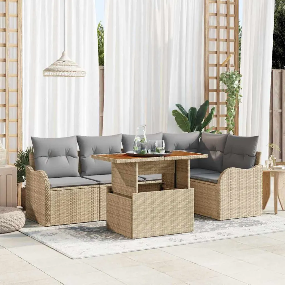Tuinbankenset met kussen 6 pcs Beige en Licht Grijs poly rattan vidaXL