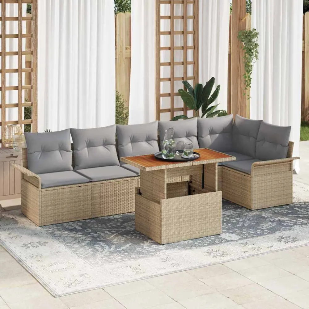 Tuinbankenset met kussen 7 pcs Beige en Licht Grijs poly rattan vidaXL