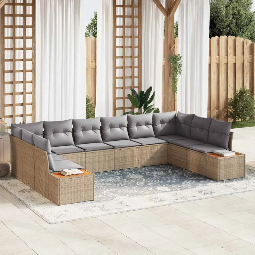 Tuinbankenset met kussen 10 pcs Beige en Licht Grijs Polyrattan vidaXL