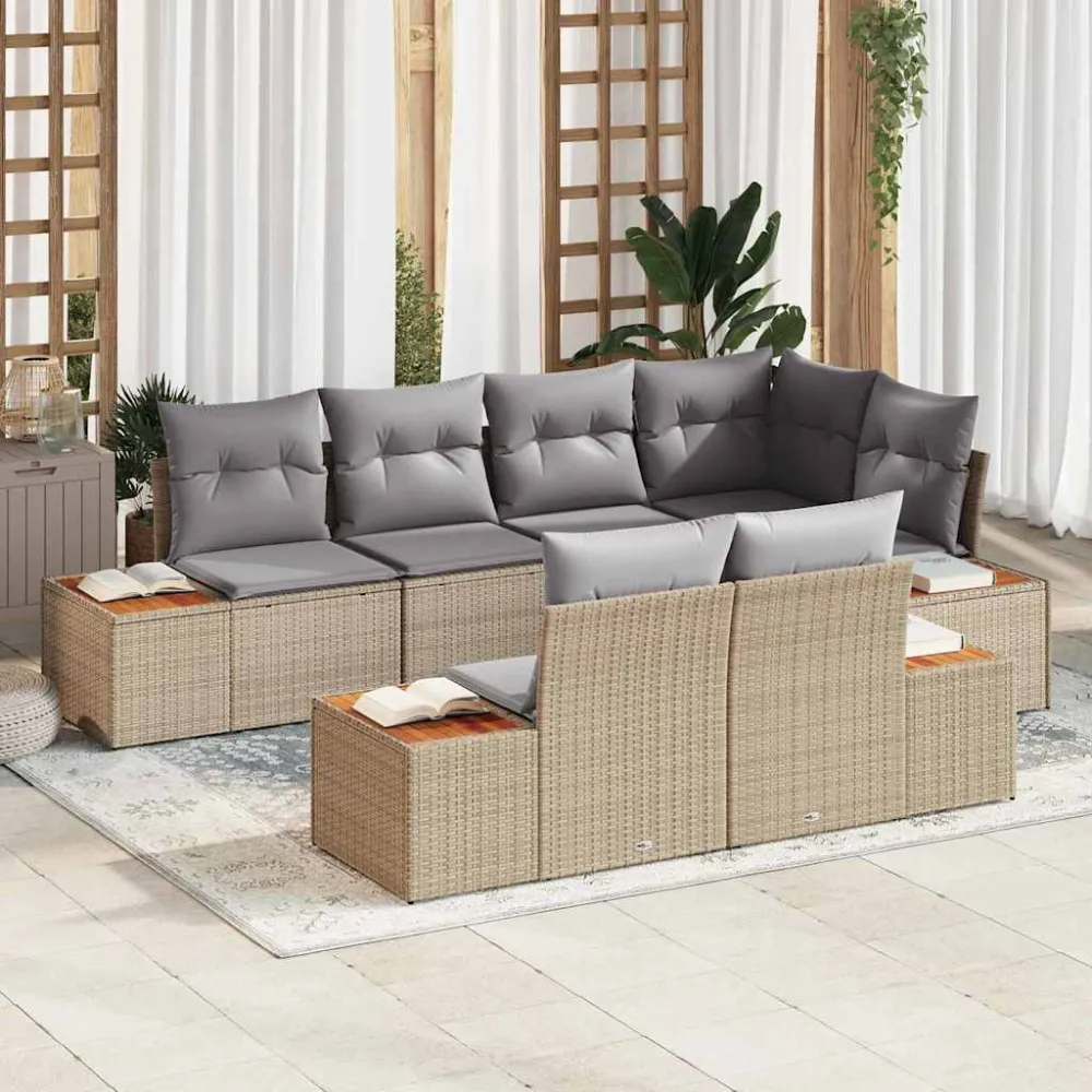 Tuinbankenset met kussen 7 pcs Beige en Licht Grijs Polyrattan vidaXL