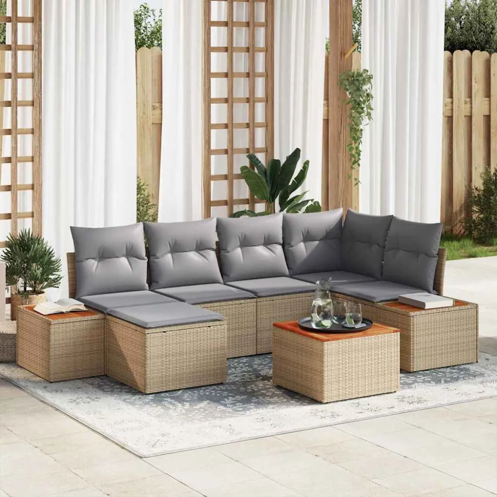 Tuinbankenset met kussen 7 pcs Beige en Licht Grijs Polyrattan vidaXL