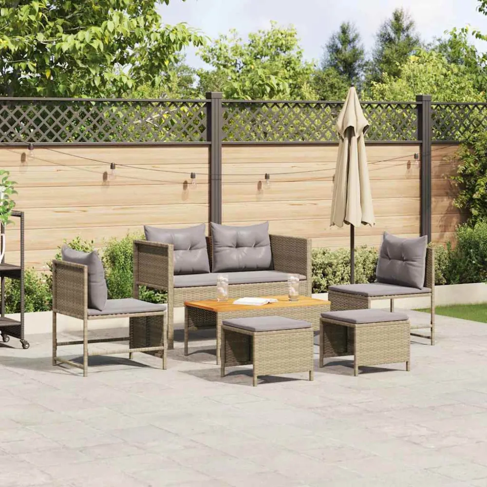Tuinbankenset met kussen 6 pcs Beige en Licht Grijs poly rattan vidaXL