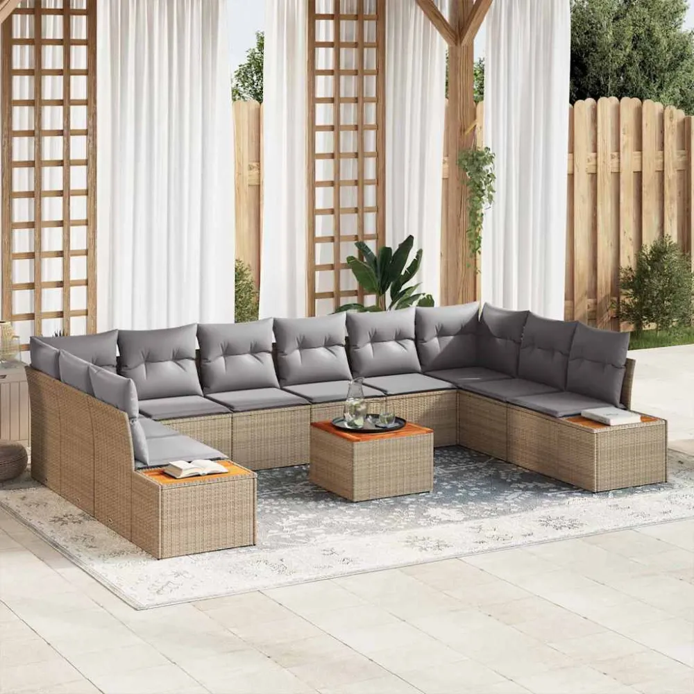 Tuinbankenset met kussen 10 pcs Beige en Licht Grijs Polyrattan vidaXL