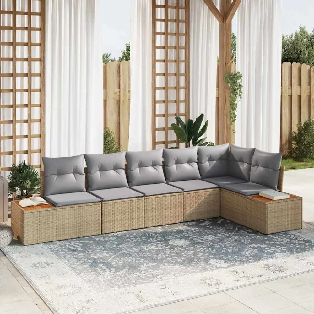 Tuinbankenset met kussen 6 pcs Beige en Licht Grijs Polyrattan vidaXL