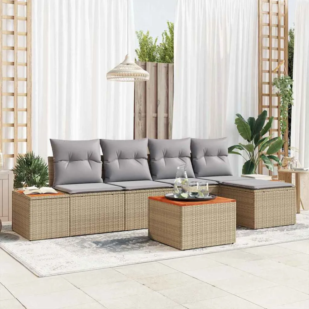 Tuinbankenset met kussen 6 pcs Beige en Licht Grijs Polyrattan vidaXL