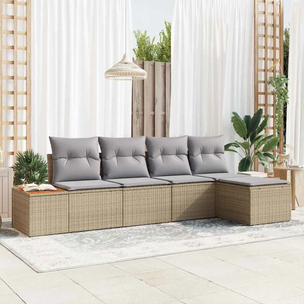 Tuinbankenset met kussen 6 pcs Beige en Licht Grijs Polyrattan vidaXL