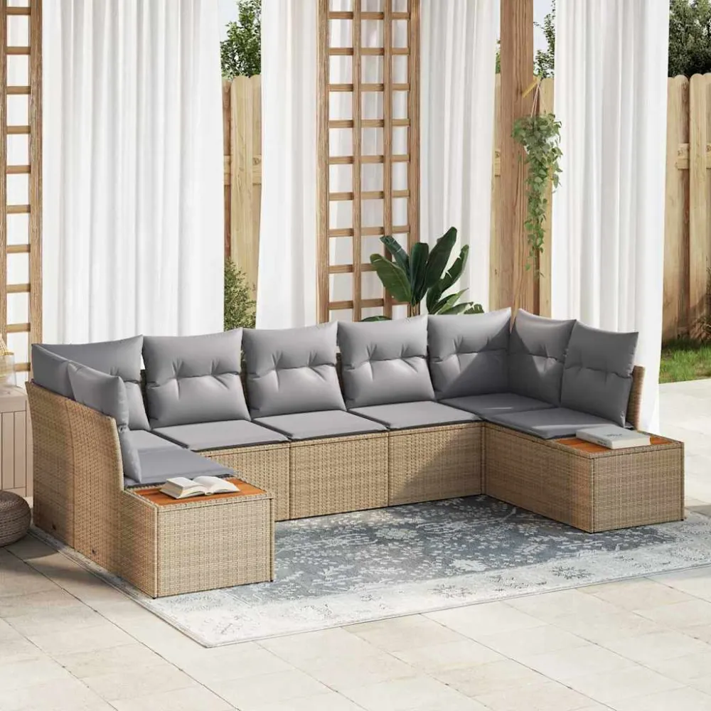 Tuinbankenset met kussen 7 pcs Beige en Licht Grijs Polyrattan vidaXL