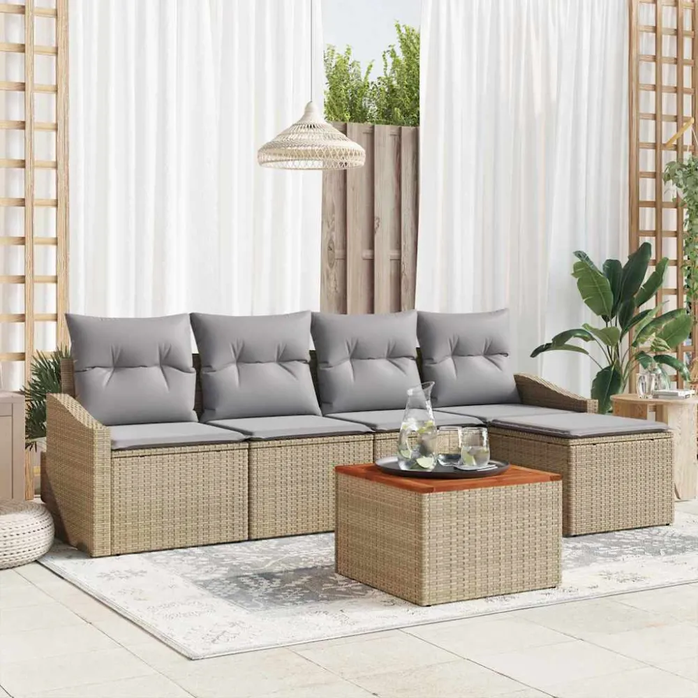 Tuinbankenset met kussen 6 pcs Beige poly rattan vidaXL
