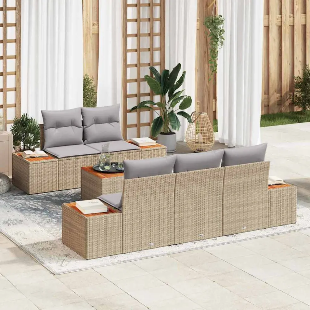 Tuinbankenset met kussen 6 pcs Beige Poly riet vidaXL