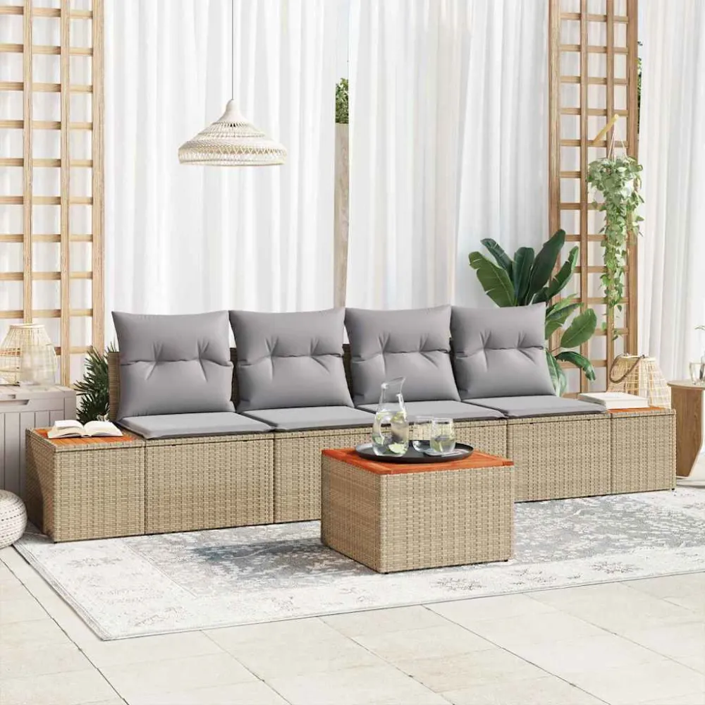 Tuinbankenset met kussen 5 pcs Beige Poly riet vidaXL