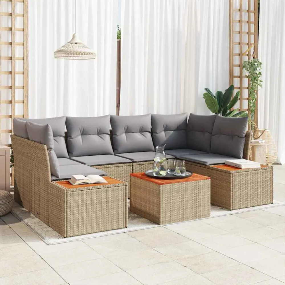 Tuinbankenset met kussen 6 pcs Beige Poly riet vidaXL