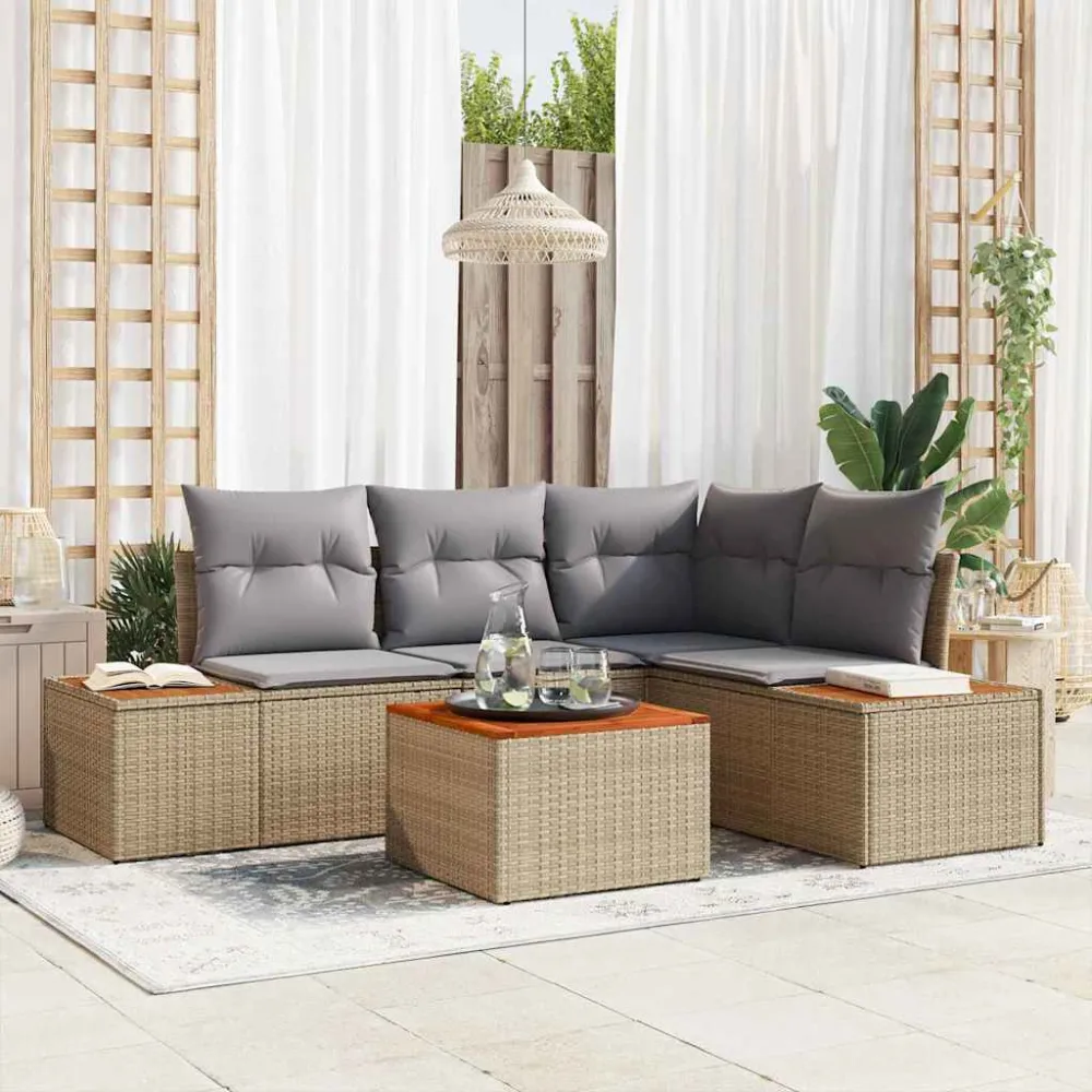 Tuinbankenset met kussen 5 pcs Beige Poly riet vidaXL