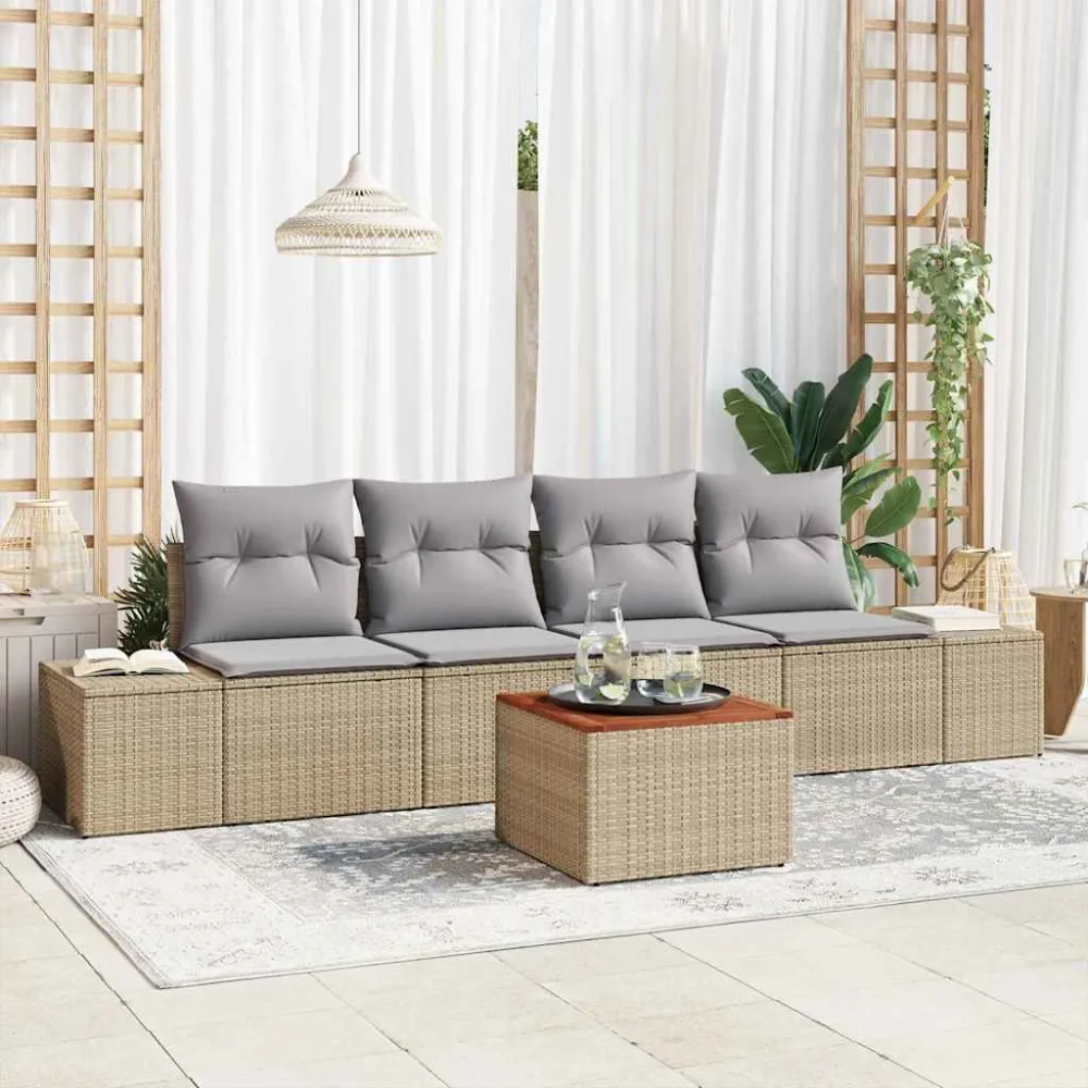 Tuinbankenset met kussen 5 pcs Beige poly rattan vidaXL