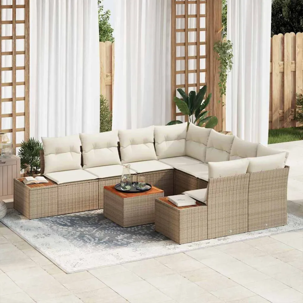 Tuinbankenset met kussen 9 pcs Beige Poly riet vidaXL